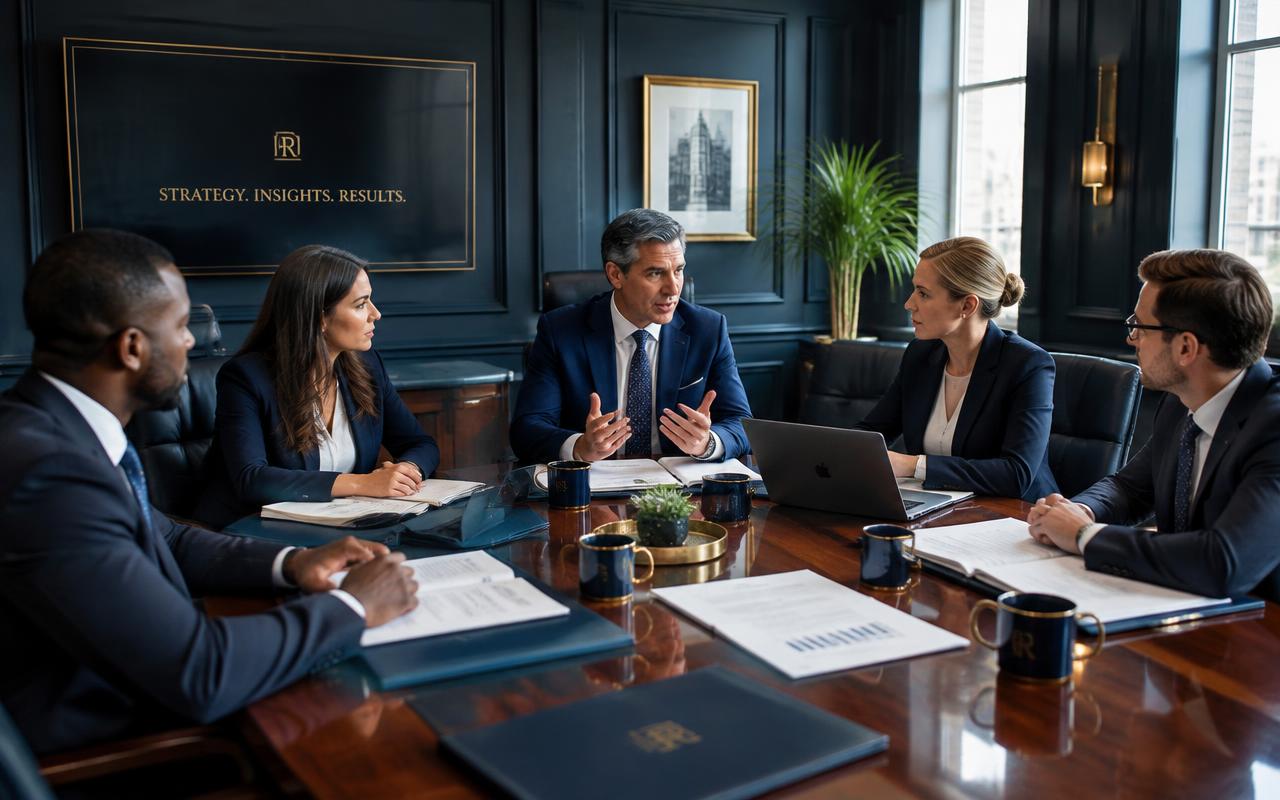 Business advisors reviewing documents in a meeting room